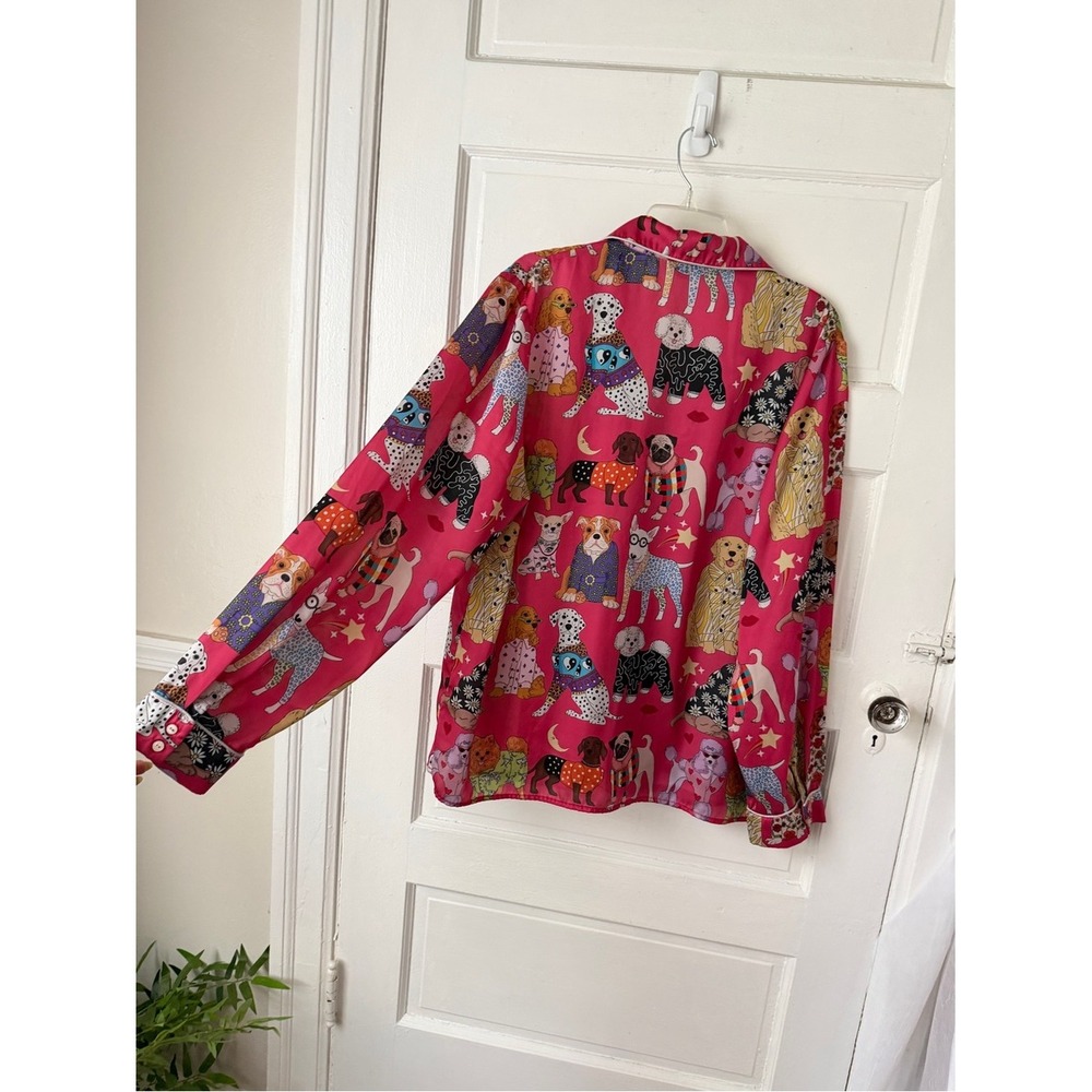 Karen Mabon Pink Dog Print Satin Long Sleeve Pajama Top Button Front XL - Picture 5 of 16